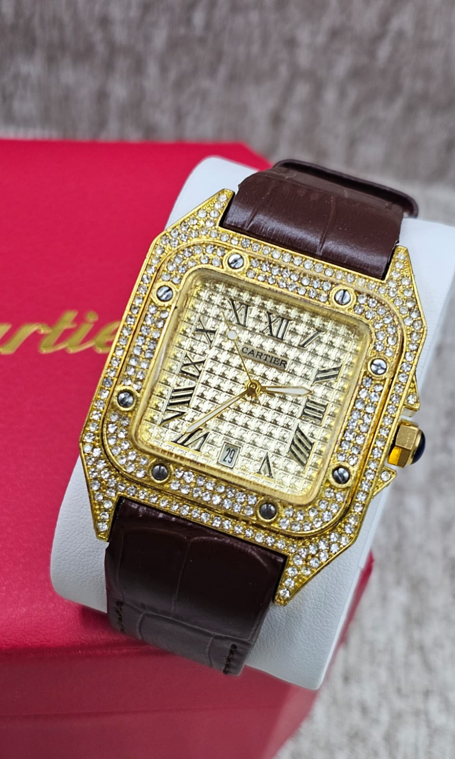 Santos Dorado Iced Out con Extensible de Piel Café