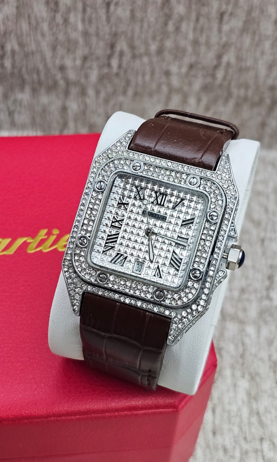 Santos Plata Iced Out con Extensible de Piel Café