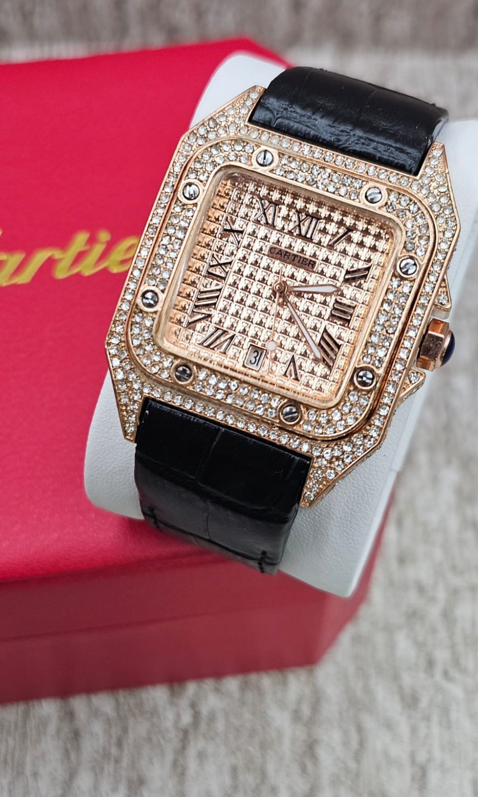 Santos Oro Rosa Iced Out con Extensible de Piel Negra